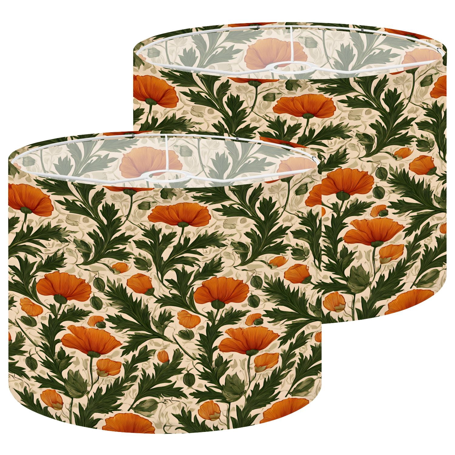 Lamp Shades Set of 2 Orange Flower Green Leaves Cream 13" x 13" x 10" Lampshade for Table Lamps Floor Lamps Lamp Shade Replacement Easy Assembly Required