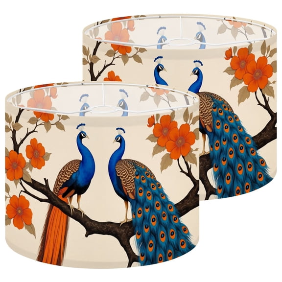 Lamp Shades Set of 2 Pair Vibrant Peacocks Branch Orange Flowers Decorative 13" x 13" x 10" Lampshade for Table Lamps Floor Lamps Lamp Shade Replacement Easy Assembly Required