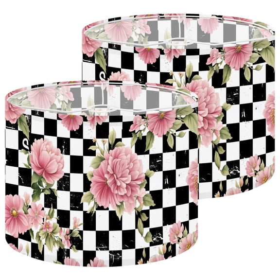 Lamp Shades Set of 2 Pink Peony Flowers Black White Checkered 13" x 13" x 10" Lampshade for Table Lamps Floor Lamps Lamp Shade Replacement Easy Assembly Required
