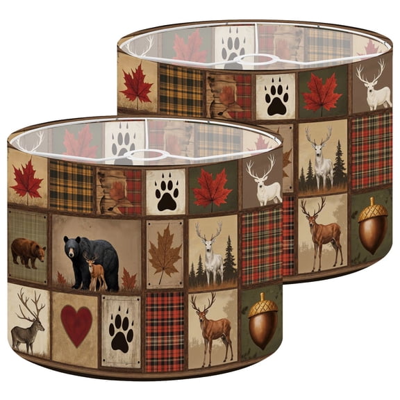 Lamp Shades Set of 2 Rustic Woodland Animals Plaid Patchwork Bears Deer Leaves 13" x 13" x 10" Lampshade for Table Lamps Floor Lamps Lamp Shade Replacement Easy Assembly Required