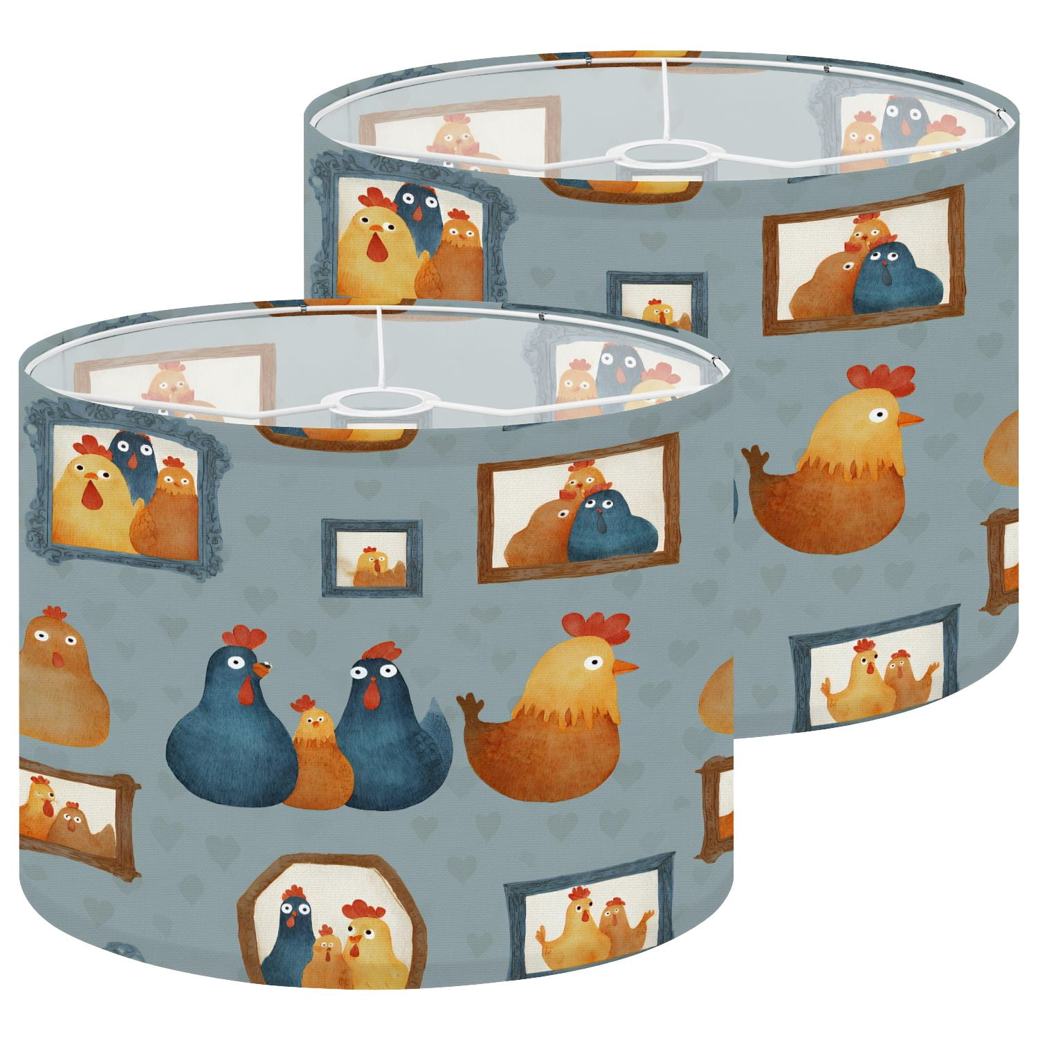 Lamp Shades Set of 2 Whimsical Chicken Family Picture Frames Blue 13" x 13" x 10" Lampshade for Table Lamps Floor Lamps Lamp Shade Replacement Easy Assembly Required