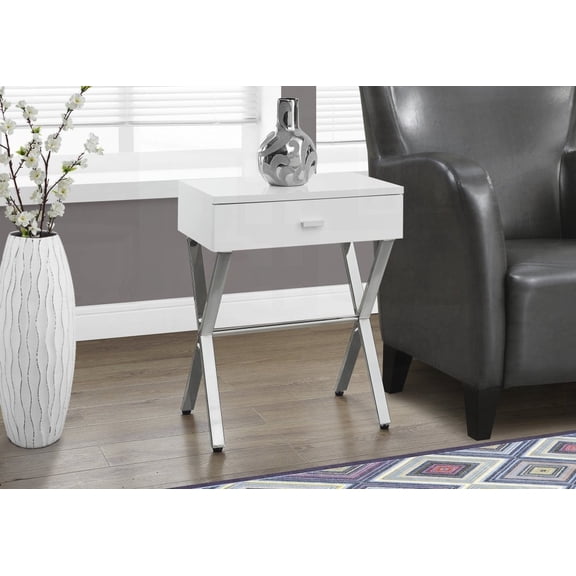 Lamp Table for Living Room, Bedroom - Glossy White & Chrome