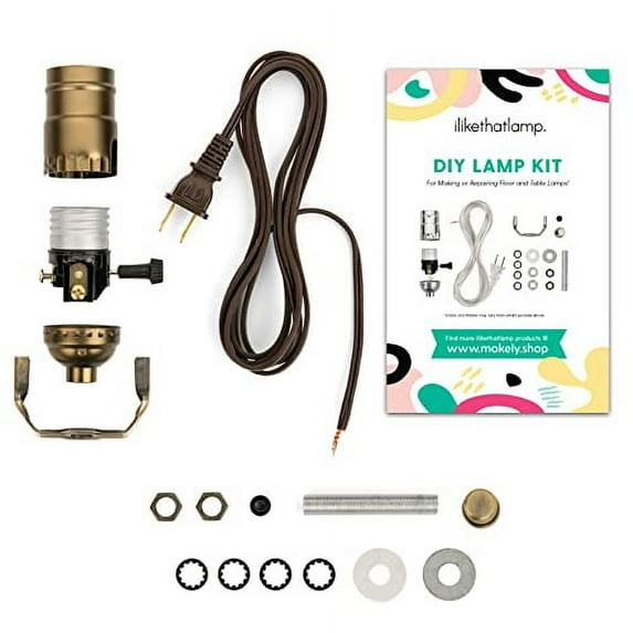 Lamp Wiring Kit-Make or Repair Old Lamps-Rewire a Vintage Lamp or Create a Custom Light Fixture with Lamp Making Kit-Antique Brass Socket Set-12 Foot Long Brown Cord