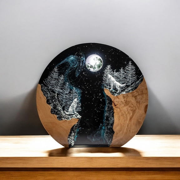 Lamp Wolf Epoxy Resin Wood, Custom Night Light, Silver Wolf Lamp, Epoxy Resin Lamp,Art Deco Diorama Lamp, Table Lamp, Handmade Gift For Him