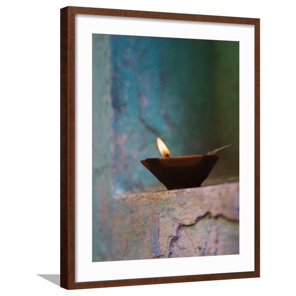 Art.com Lamp in a Little Shrine Outside Traditional House, Varanasi, India Photographic Print by Keren Su, Brown Frame Wall Art, 23" x 29"