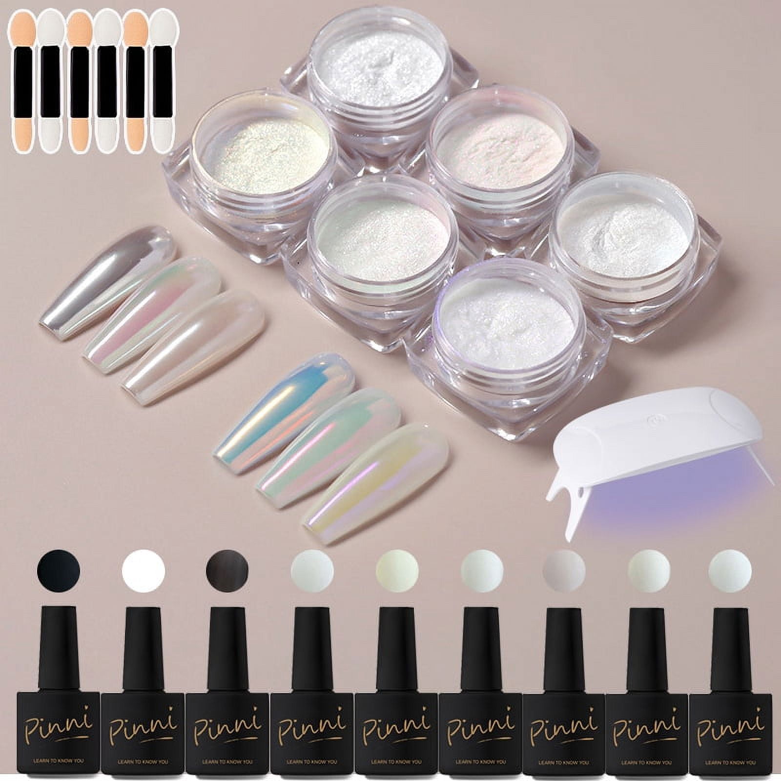 Lamp included-6 Colors Moonlight Pearl Aurora Nail Powder + 9 black white gel nail polish -Metallic Chrome Nail Powder-Mermaid Iridescent Holographic Mirror Powder- Glitter Pigment Manicure Powder
