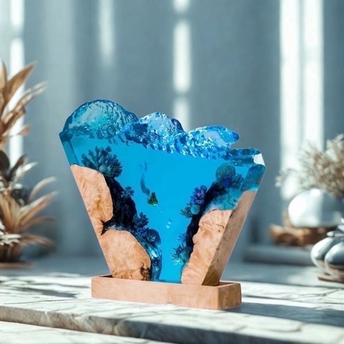 Lamp, Scuba Diver Resin, Ray Lamp Resin, Blue Ocean, Custom Epoxy Resin, Handmade Diorama.