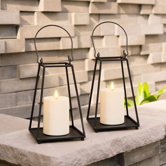LampLust Black Metal Candle Lantern - Set of 2 Small Decorative Lanterns with LED Flameless Candles, 8.5 Inch Height, Battery Operated, Open (No Glass) Waterproof for Outdoor Porch or Patio Decor