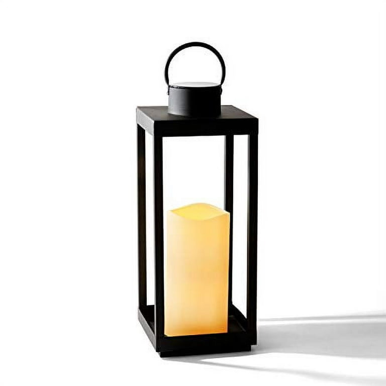 Lamplust Large Solar Candle Lantern - 18 inch Tall, Glass Panels, Matte Black Metal Frame, Waterproof Flameless Pillar Candle, Dusk to Da