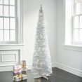 thumbnail image 1 of LampLust Pre-lit Pop Up Christmas Tree, Silver Tinsel - 6 ft Tall Slim Collapsible Pop-up Christmas Tree with 150 LED Lights, and Timer Included, 1 of 5