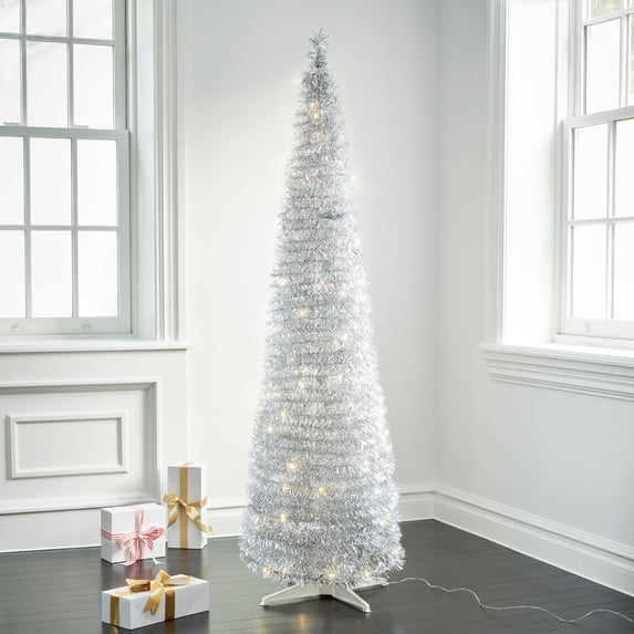 LampLust Pre-lit Pop Up Christmas Tree, Silver Tinsel - 6 ft Tall Slim Collapsible Pop-up Christmas Tree with 150 LED Lights, and Timer Included