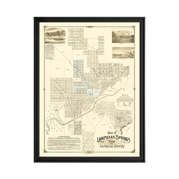 Lampasas Springs Art, 1884 Vintage Map of Lampasas Springs Texas, TX History Wall Decor Gift, Old Lampasas Springs Map - 18" x 24" Black Framed Print