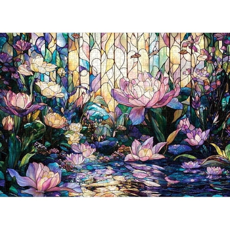 Lamplig 1000 Piece Puzzles for Adults, Stained Glass Lotus Adult Puzzle 1000 Pieces, Jigsaw Puzzles with Letters on Back , Home Decor Gift for Adults, 27.6" L X 20.5" W, 1:1 Poster