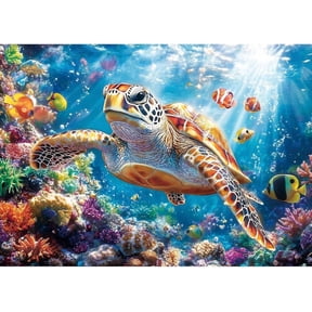 Lamplig Puzzles for Adults 1000 Pieces, Sea Turtle & Clownfish Ocean Jigsaw Puzzle, with Letters on Back, Challenging Puzzle for Adults, Stress Relief Gift for Game Nights with Guide Poster