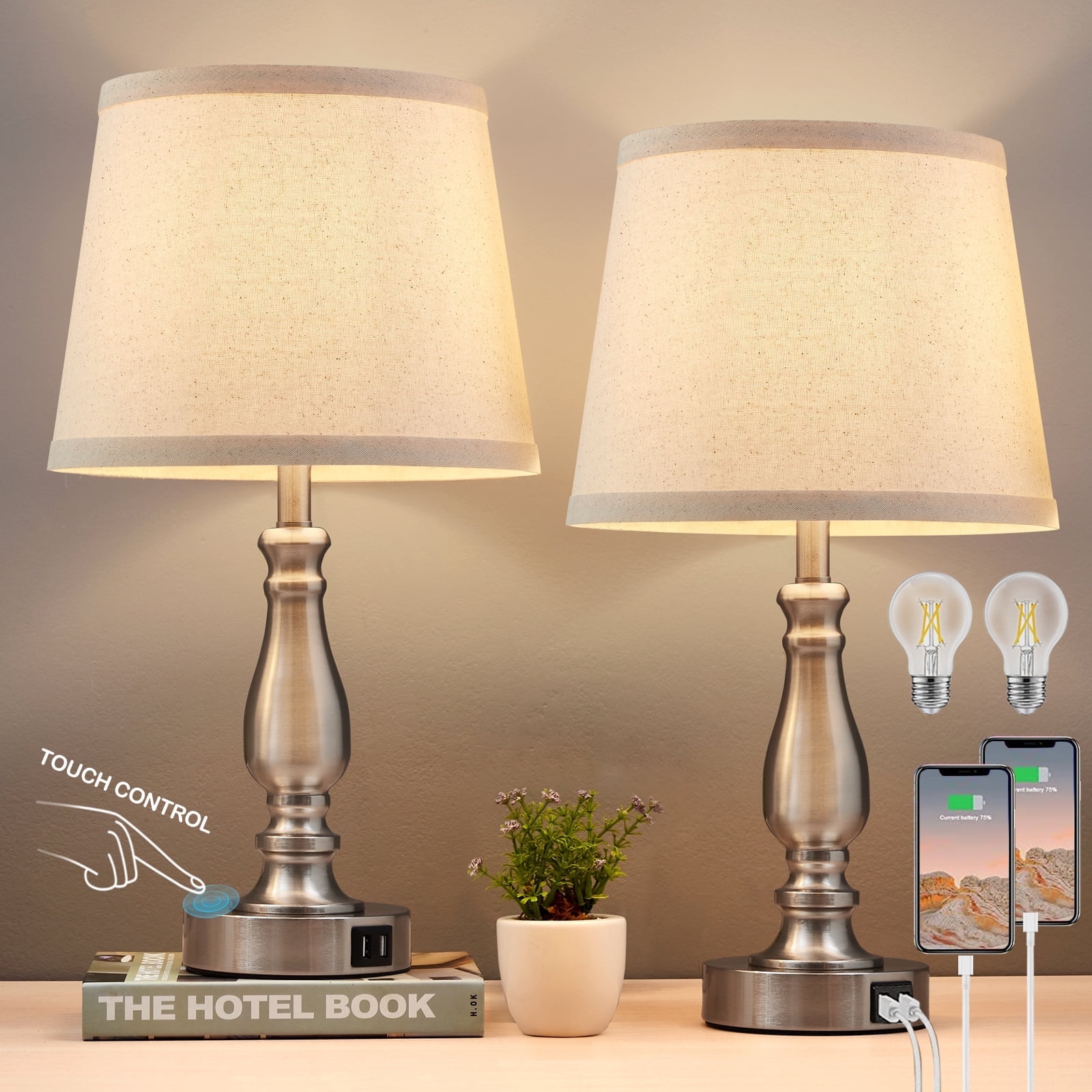 Set of 2 White Fabric Shade Nickel Touch Table Lamps