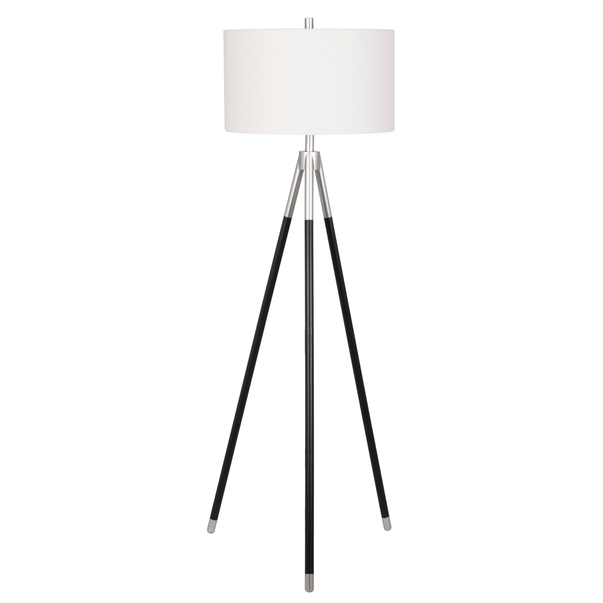 Black and Silver Tripod Floor Lamp with White Linen Shade