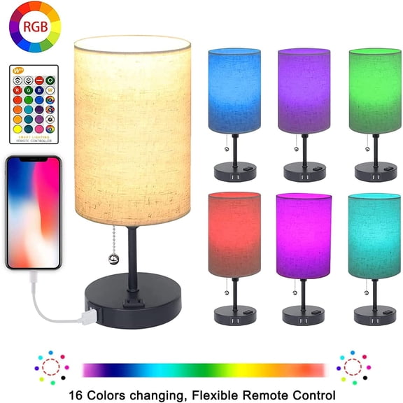 Lamps for Bedrooms Nightstand Bedside Lamp with 2 USB Port and Outlet, 3-Way Dimmable Table Lamps, Color Changing Night Stand Light Lamp RGB LED Bulb