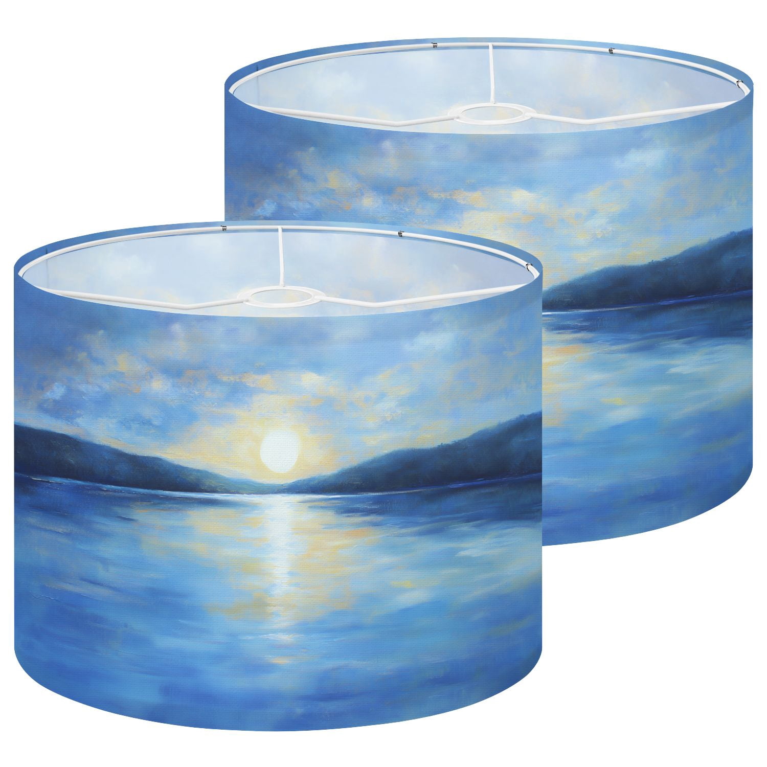 Set Of 2 Coastal Nautical Starfish Pattern Lampshades – Navy Blue, Turquoise & White Drum Shade, 11x9 Inch Linen Fabric, Fits Table Lamps And Floor Lamps, Easy DIY Replacement