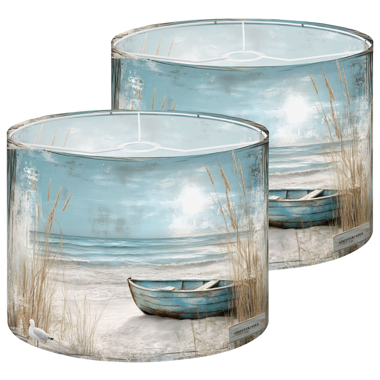 Lampshades 2 Pack Beach Nautical Boat Ocean Seagull Sea Bird Seashore Blue Wooden Grass 13"x13"x10" Light Shade for Table Lamps Floor Lamps Drum Lamp Shades Lampshade Replacement Easy Assembly