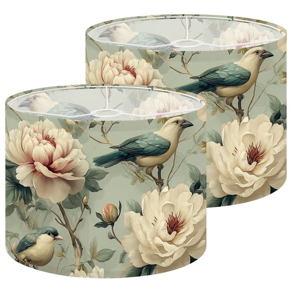 Lampshades 2 Pack Birds Floral Cream Peonies Green Leaves 13"x13"x10" Light Shade for Table Lamps Floor Lamps Drum Lamp Shades Lampshade Replacement Easy Assembly