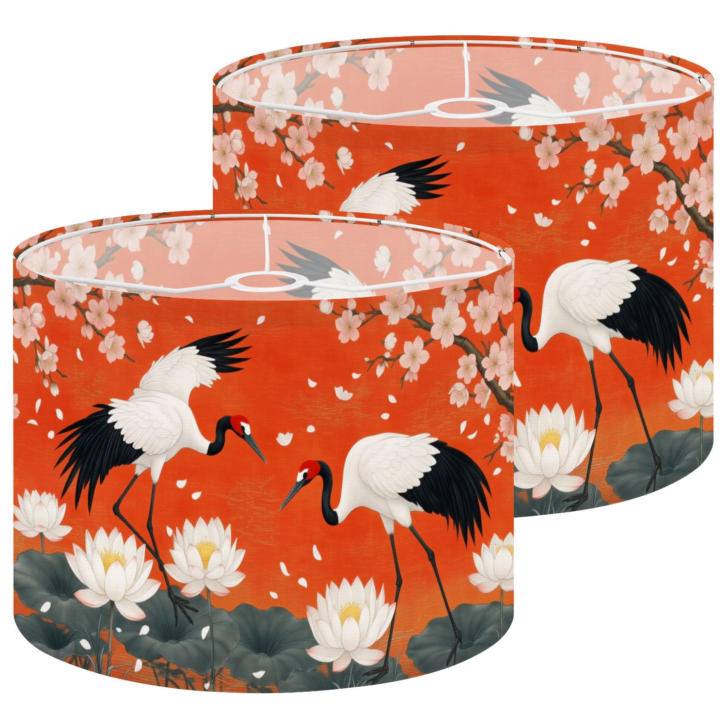Lampshades 2 Pack Cranes Lotus Cherry Blossom Japanese Wildlife Oriental 13"x13"x10" Light Shade for Table Lamps Floor Lamp Shades Lampshade Replacement Easy Assembly