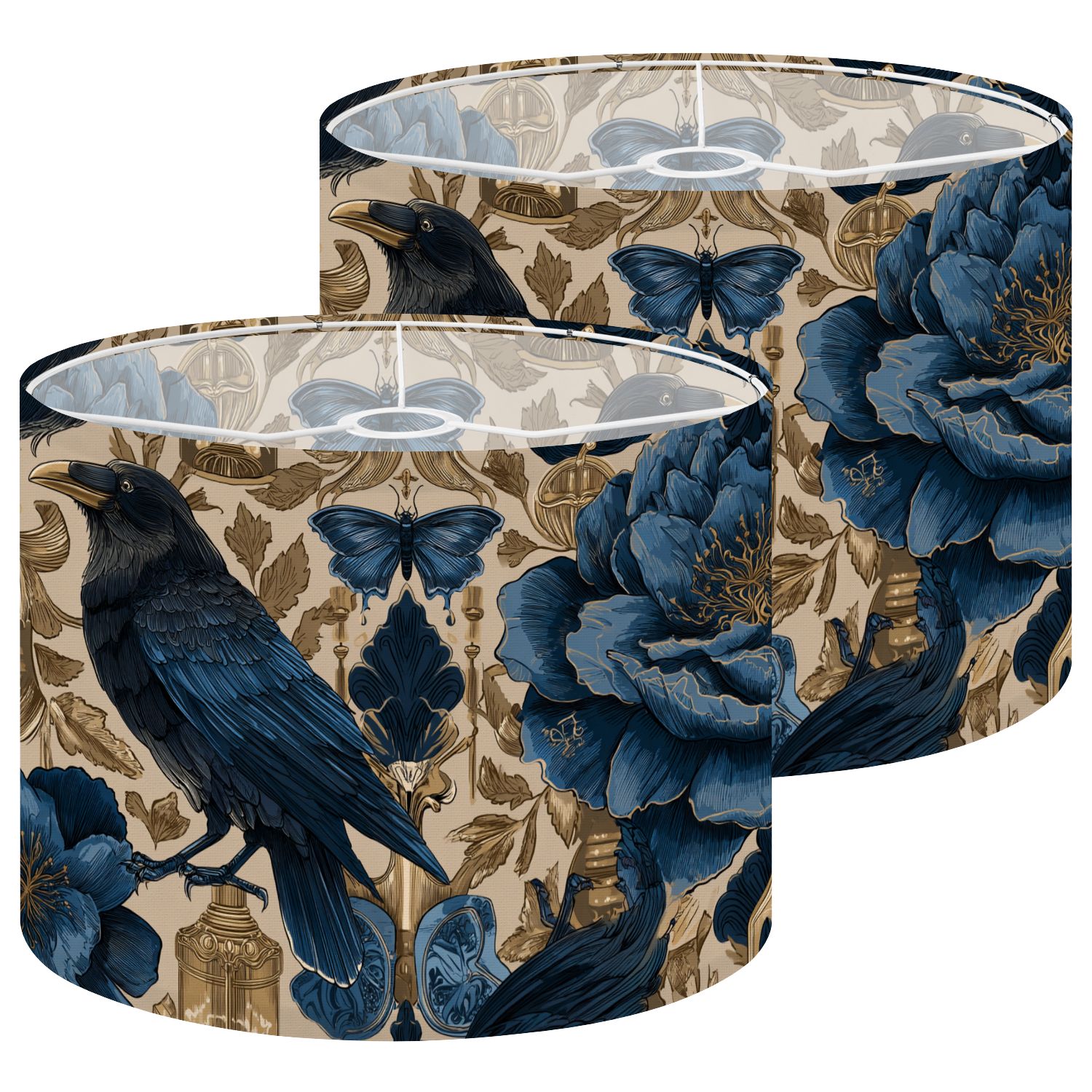 Lampshades 2 Pack Dark Floral Raven Butterfly Vintage Elements Blue Gold 13"x13"x10" Light Shade for Table Lamps Floor Lamps Drum Lamp Shades Lampshade Replacement Easy Assembly