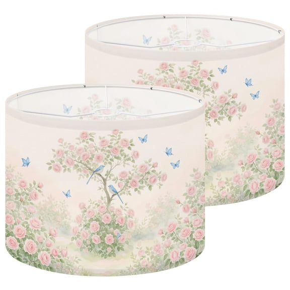 Lampshades 2 Pack Delicate Pink Flowering Tree Green Leaves Birds Butterflies Soft 13"x13"x10" Light Shade for Table Lamps Floor Lamp Chandelier Lampshade Replacement Easy Assembly