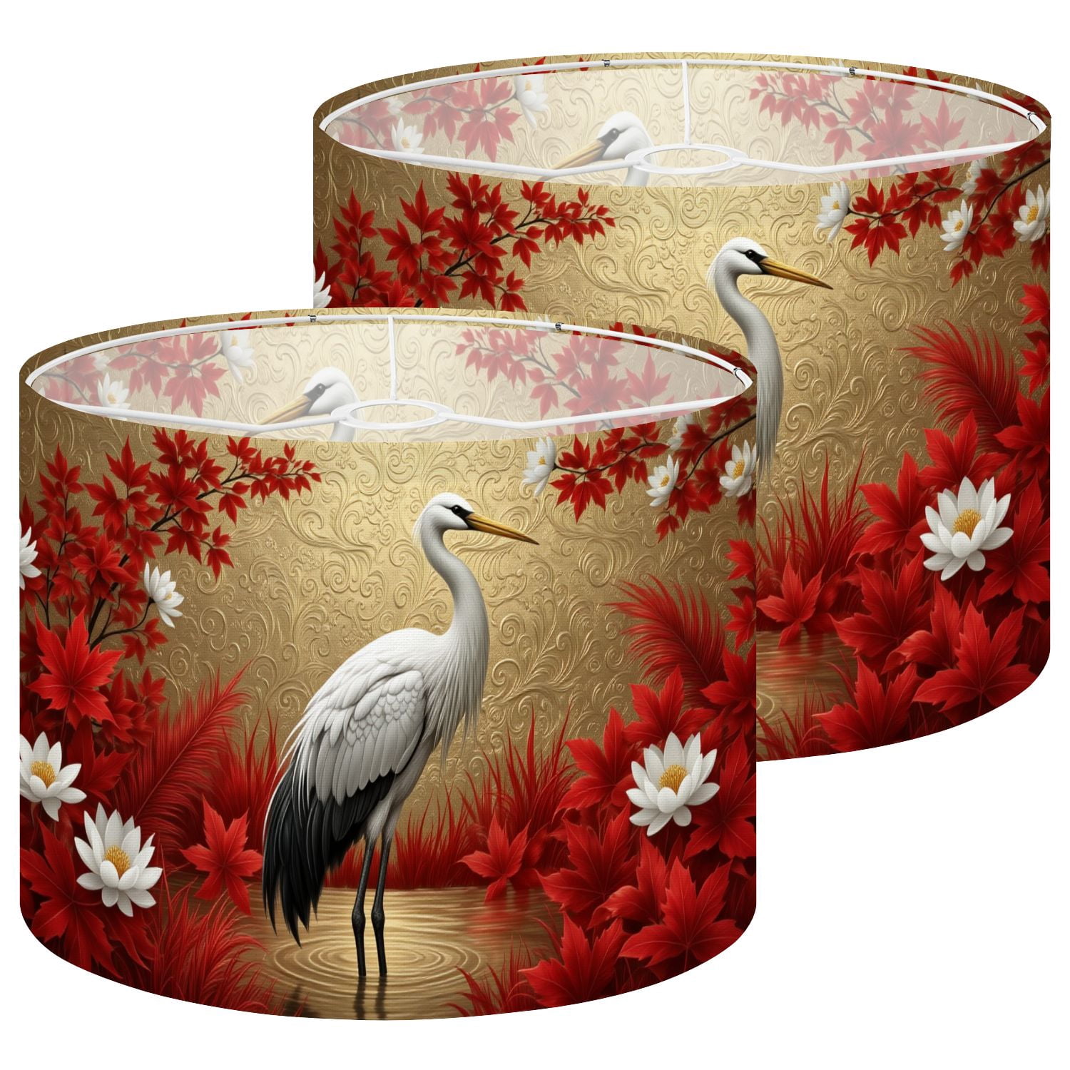 Lampshades 2 Pack Elegant White Crane Wildlife Oriental Red Maple Leaves Lotus 13"x13"x10" Light Shade for Table Lamps Floor Lamp Shades Lampshade Replacement Easy Assembly