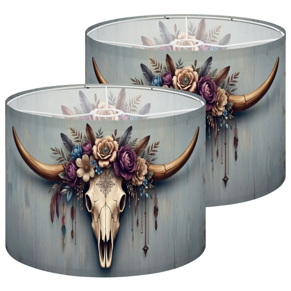 Lampshades 2 Pack Floral Longhorn Skull Boho Roses Feathers Rustic Wood 13"x13"x10" Light Shade for Table Lamps Floor Lamp Shades Lampshade Replacement Easy Assembly