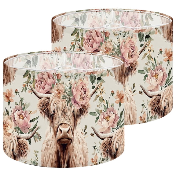 Lampshades 2 Pack Highland Cow Floral Soft Pastels 13"x13"x10" Light Shade for Table Lamps Floor Lamps Drum Lamp Shades Lampshade Replacement Easy Assembly