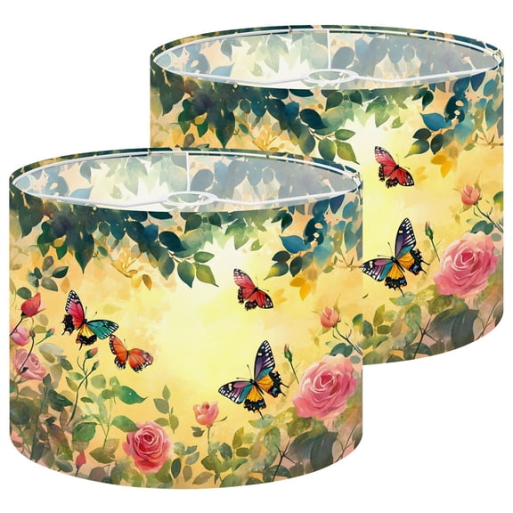 Lampshades 2 Pack Idyllic Meadow Art Colorful Butterflies Roses 13"x13"x10" Light Shade for Table Lamps Floor Lamps Drum Lamp Shades Lampshade Replacement Easy Assembly