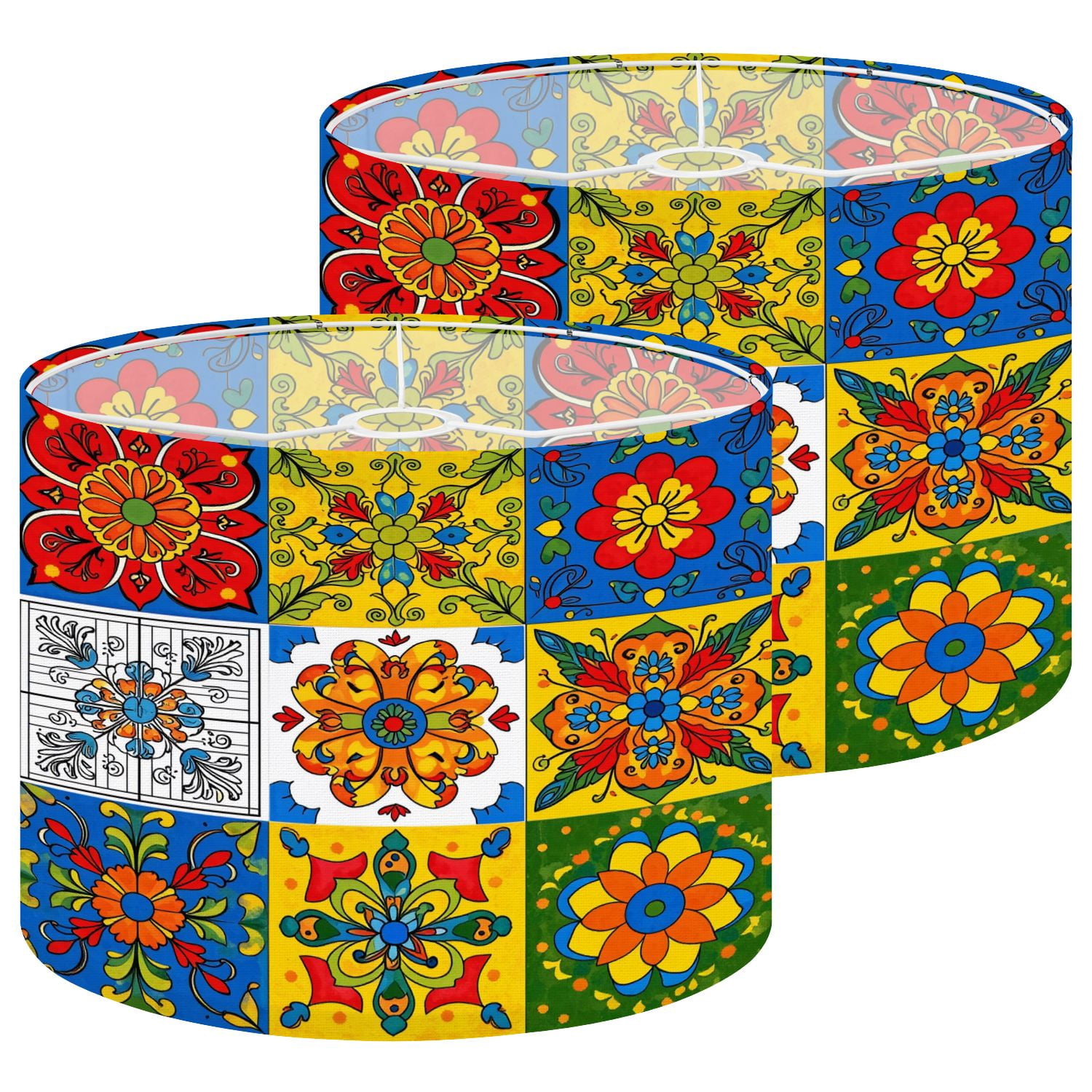 Lampshades 2 Pack Mexican talavera ceramic tile seamless Ethnic folk ornament 13"x13"x10" Light Shade for Table Lamps Floor Lamps Drum Lamp Shades Lampshade Replacement Easy Assembly