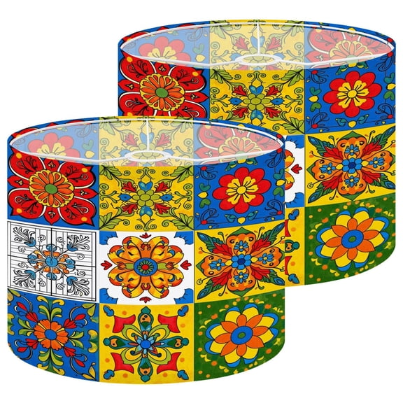 Lampshades 2 Pack Mexican talavera ceramic tile seamless Ethnic folk ornament 13"x13"x10" Light Shade for Table Lamps Floor Lamps Drum Lamp Shades Lampshade Replacement Easy Assembly