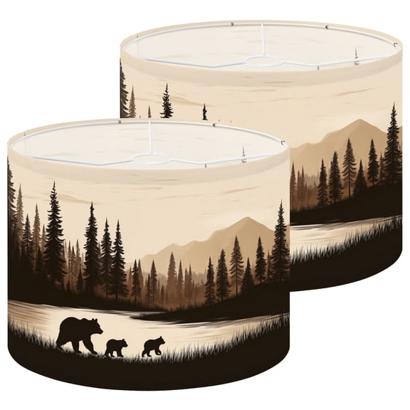 Lampshades 2 Pack Mother Bear Cubs Forest Landscape Mountain View 13"x13"x10" Light Shade for Table Lamps Floor Lamps Drum Lamp Shades Lampshade Replacement Easy Assembly Cabin Decor