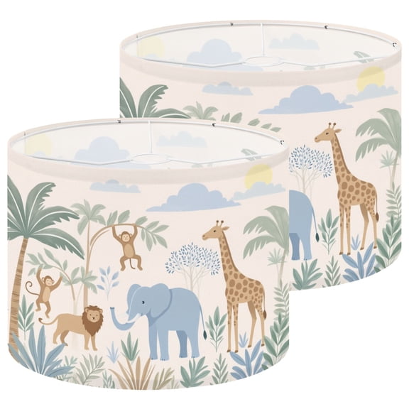 Lampshades 2 Pack Playful Safari Elephants Lions Giraffes Tropical Landscape 13"x13"x10" Light Shade for Table Lamps Floor Lampshade with Spider Fitters Replacement Easy Assembly