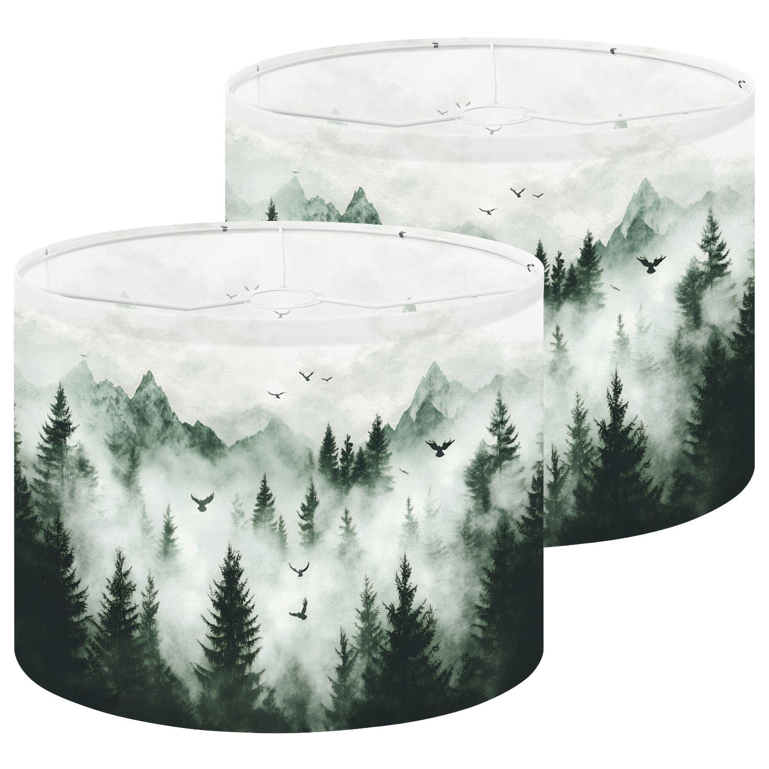 Lampshades 2 Pack Printing Forest Rustic Farmhouse Deer Mountain Trees Fog Birds 13"x13"x10" Light Shade for Table Lamps Floor Lamps Drum Lamp Shades Lampshade Replacement Easy Assembly