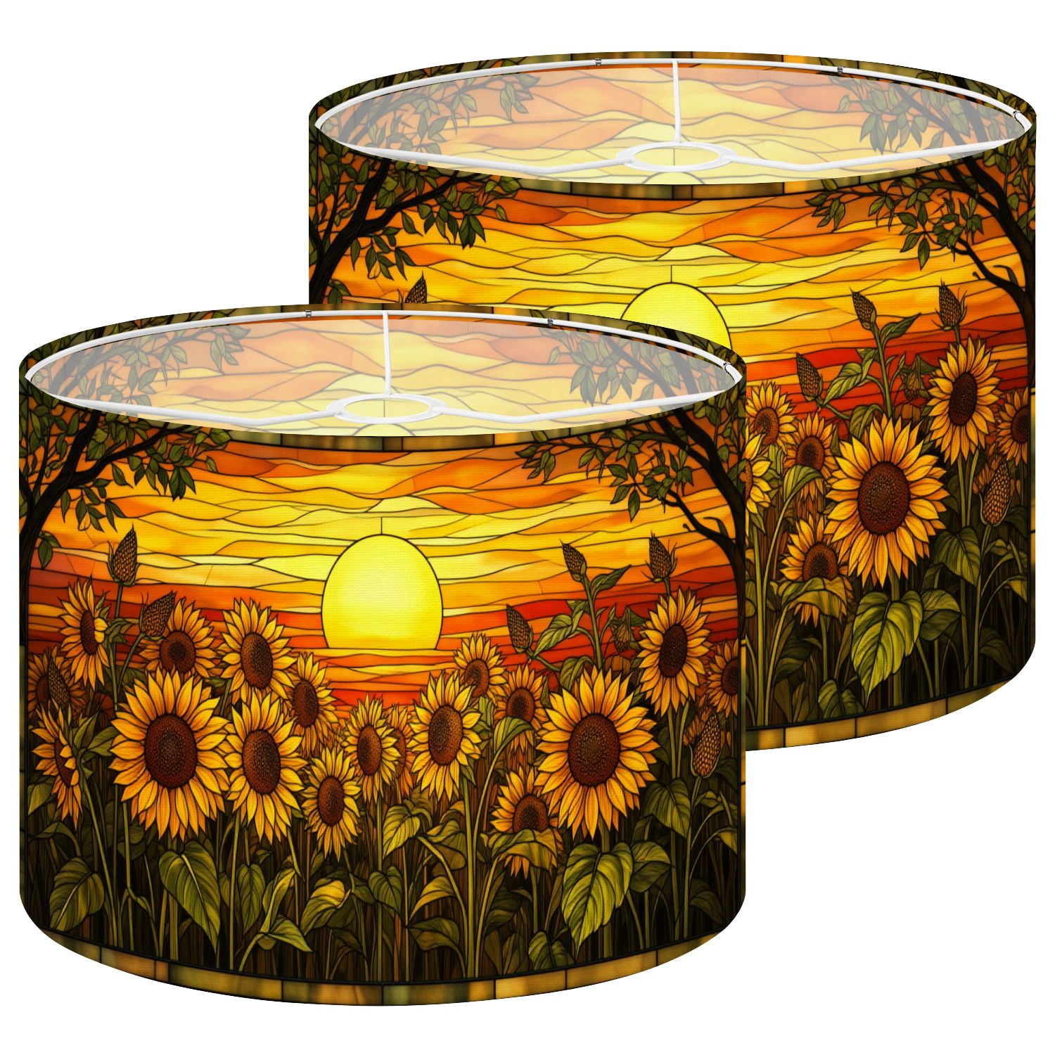 Lampshades 2 Pack Sunflower Field Sunset Stained Glass Warm Golden Sky Floral 13"x13"x10" Light Shade for Table Lamps Floor Lamp Shades Lampshade Replacement Easy Assembly