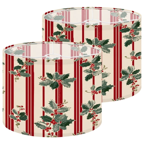 Lampshades 2 Pack Vintage Christmas Holly Berries Red Cream Stripes 13"x13"x10" Light Shade for Table Lamps Floor Lamp Shades Lampshade Replacement Easy Assembly
