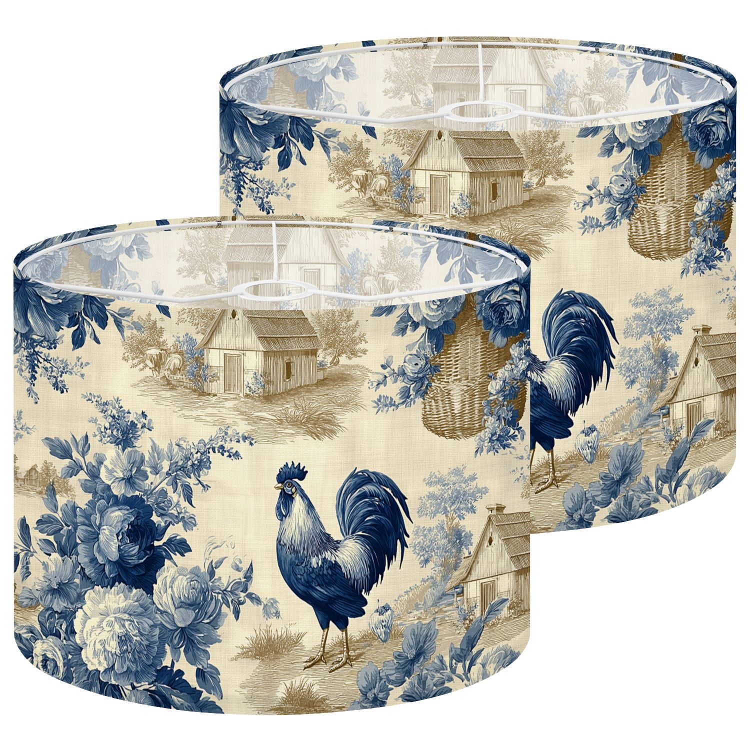 Lampshades 2 Pack Vintage Farmhouse Toile Roosters Cottages Blue Floral Motifs 13"x13"x10" Light Shade for Table Lamps Floor Lamps Drum Lamp Shades Lampshade Replacement Easy Assembly