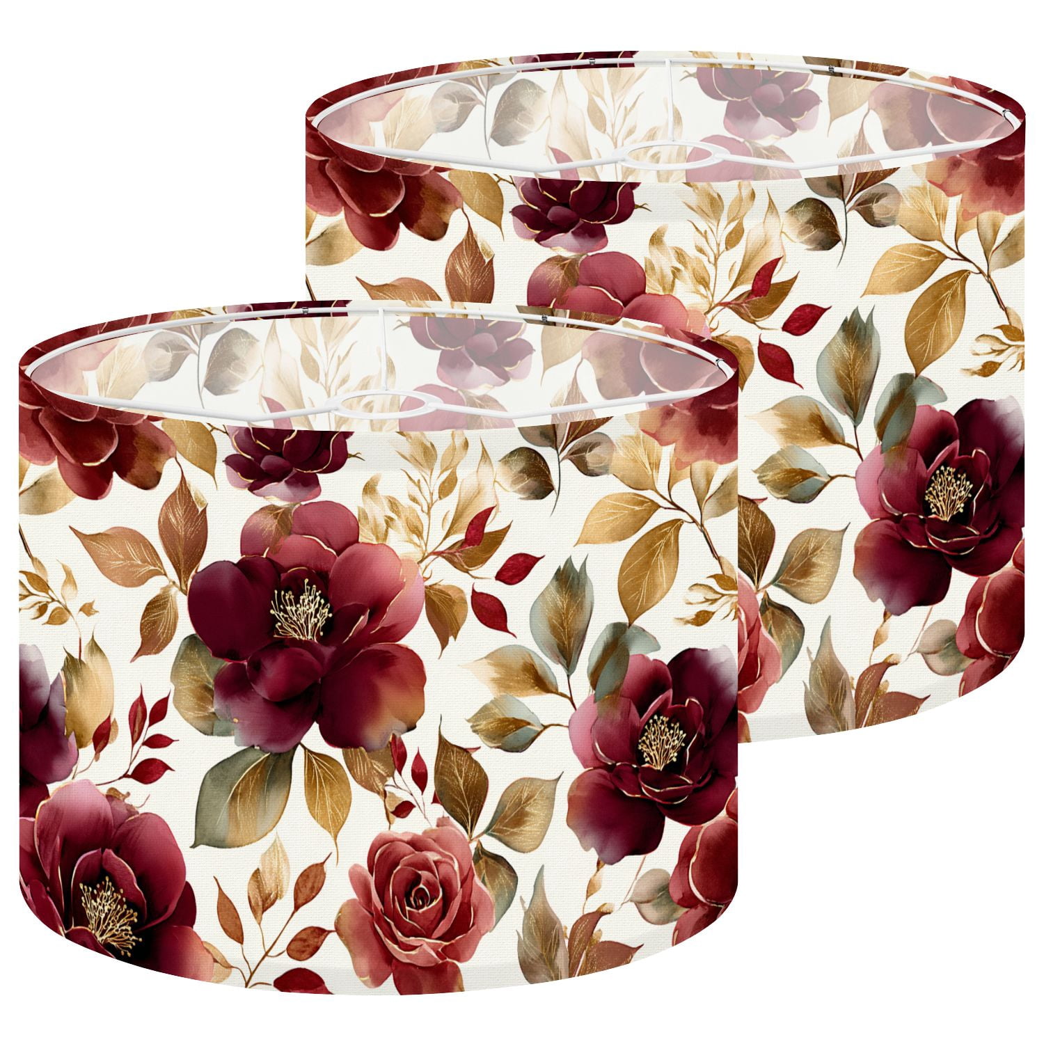 Lampshades 2 Pack gold burgundy flowers leaves Hand drawn floral for fabric 13"x13"x10" Light Shade for Table Lamps Floor Lamps Drum Lamp Shades Lampshade Replacement Easy Assembly