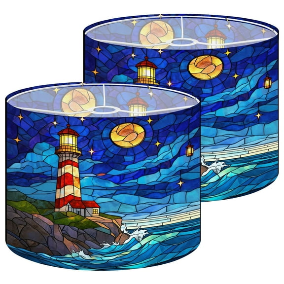 Lampshades 2 Pack stained glass style lighthouse sea sky moon 13"x13"x10" Light Shade for Table Lamps Floor Lamps Drum Lamp Shades Lampshade Replacement Easy Assembly