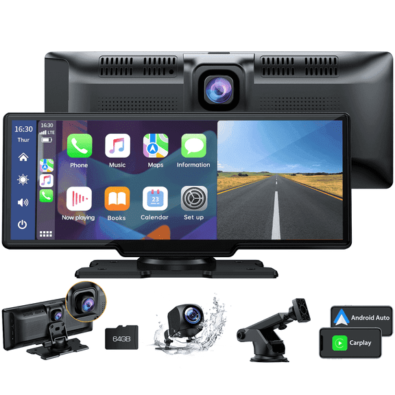 Lamtto 10.26" Carplay Screen for Car, 2.5K +1080P Dash Cam, Car Stereo Portable Apple Carplay & Android Auto with GPS Navigation, Bluetooth, Airplay, Mirror Link, 64GB TF Card