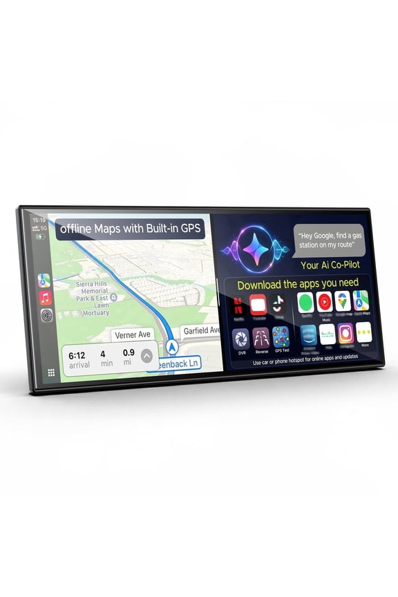 11'' AI CarPlay Screen with Play Store APP, Wireless Car Play Android Auto, Built-in GPS & Gemini, Android 15 Smooth 8-Core, 1920x720 Display with 1080P Backup Camera/DVR