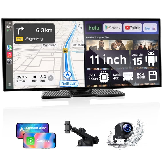 Lamtto 11.26" CarPlay Screen for Car Built-in AI Gemini, GPS, Wireless Carplay & Android Auto Support Online Video App, Car Play Stereo with Rear Camera, Dual Bluetooth