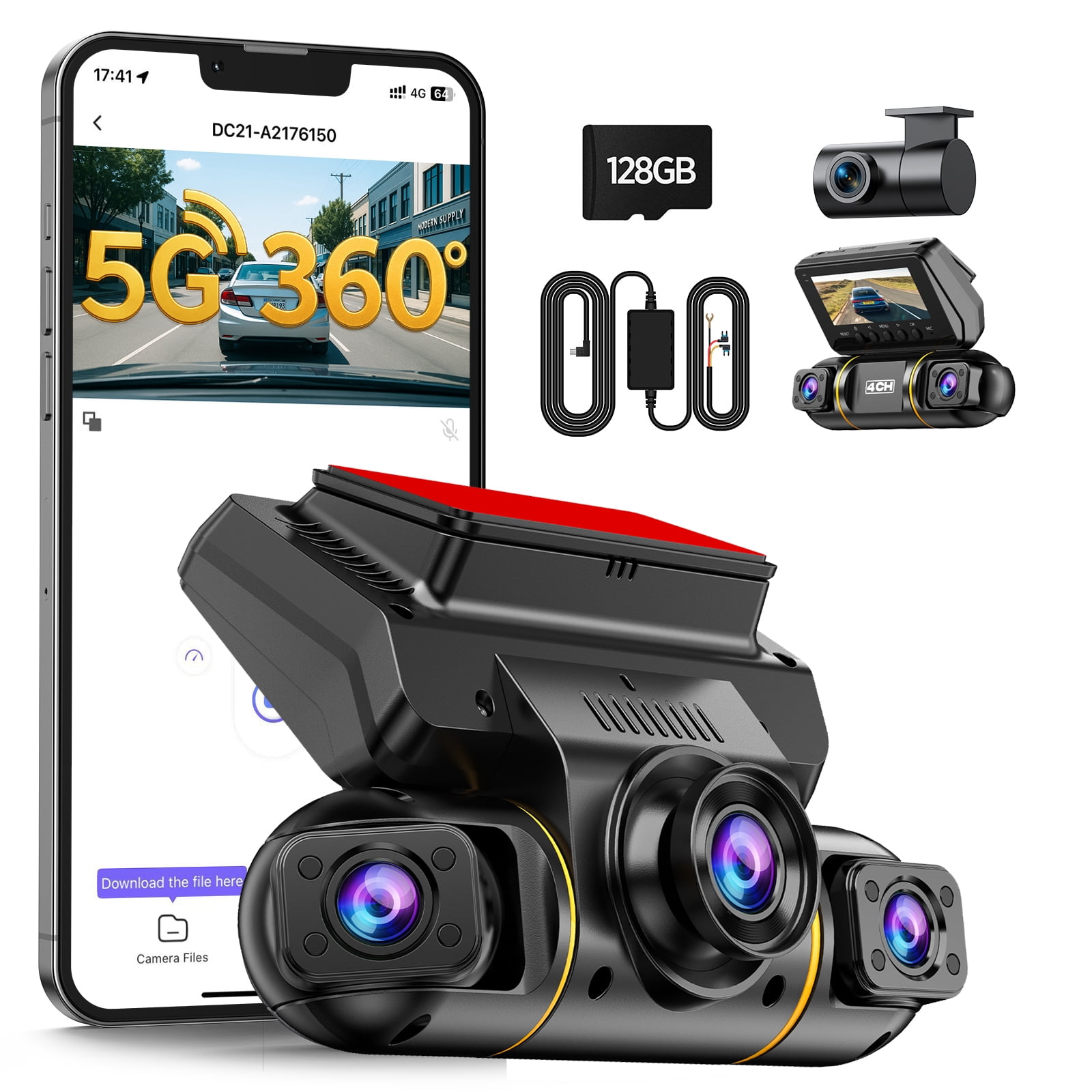 Lamtto Channel Dash Cam, Front Rear Inside, 1080P FHD, 360Â