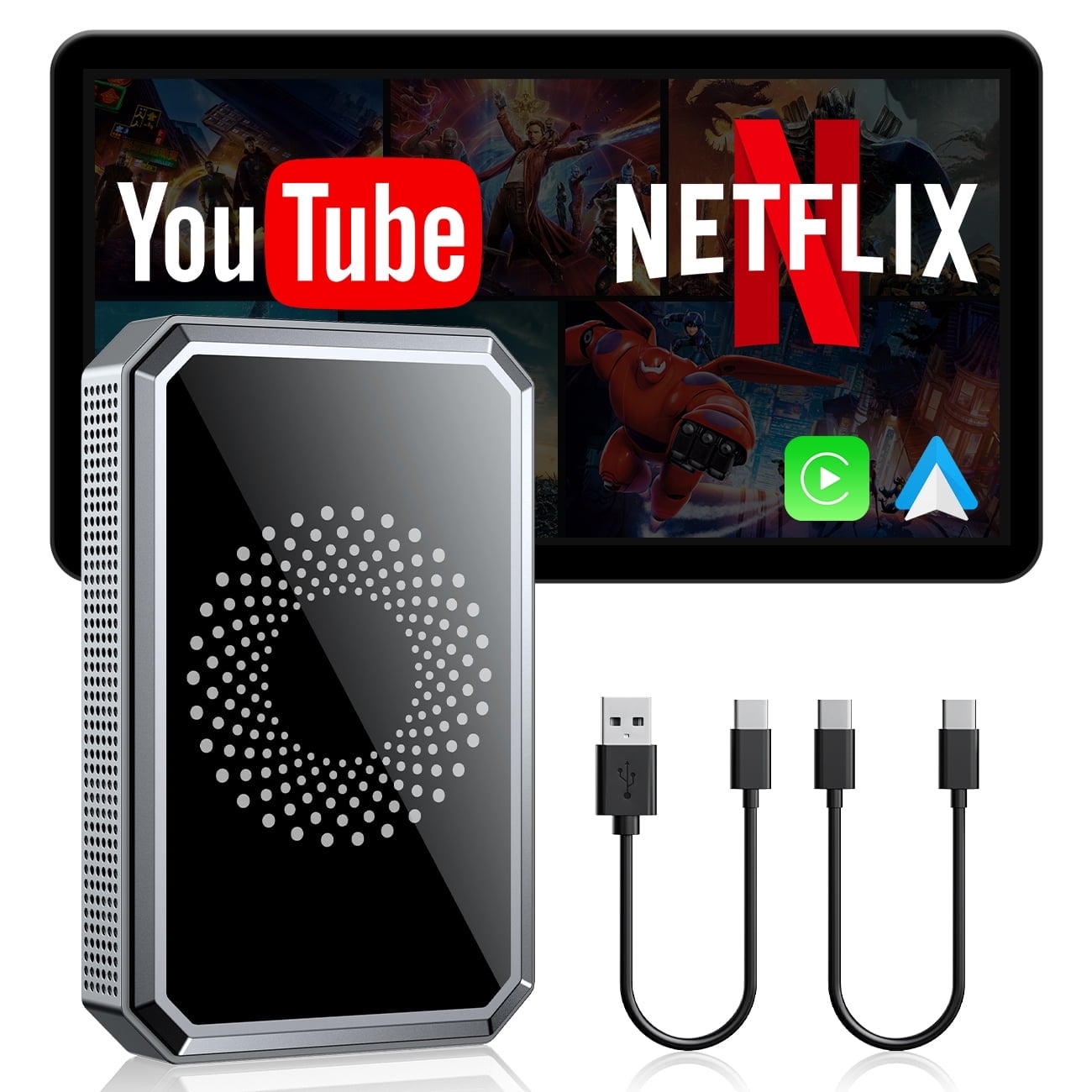 Lamtto Wireless Carplay Adapter, 3 in 1 Magic Video Box with Built in Netflix YouTube, Dongle with USB Drive and HDMI Output for OEM Wired Apple Car Play and Android Auto Cars