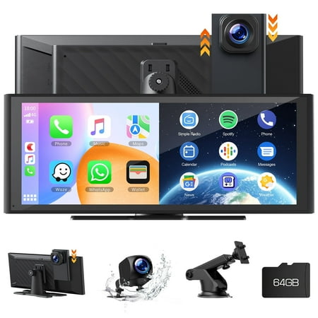 Lamtto Wireless Carplay Screen for Car 9.26'' Portable 4K Dash Cam with 1080p Backup Camera, with Apple Carplay and Android Auto, Mirror Link, Loop Recording, GPS Navigation, 64G Card, Balck