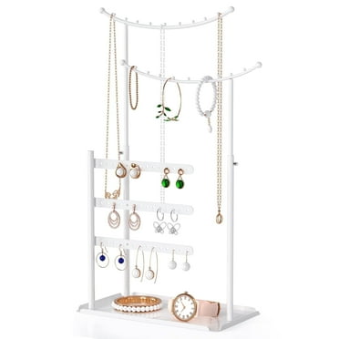 LAMU 5 Tier Jewelry Organizer Stand, Adjustable Height Jewelry Storage, Necklace Dispaly Holder, White
