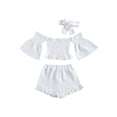 thumbnail image 1 of Lamuusaa 3 PcsSolid   Baby Girls Off Shoulder  Sleeves  Tops + Ruffle Shorts + Bowknot Headband, 1 of 6