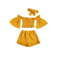 thumbnail image 1 of Lamuusaa 3 PcsSolid   Baby Girls Off Shoulder  Sleeves  Tops + Ruffle Shorts + Bowknot Headband, 1 of 6